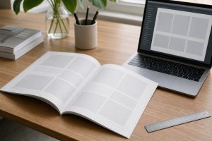 Meja kerja dengan contoh halaman katalog produk yang sedang disusun sebelum dicetak