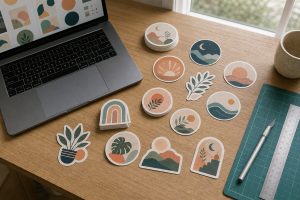 Contoh tata letak stiker custom di atas meja kerja sebelum proses cetak