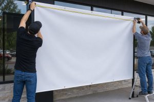 Proses pemasangan banner besar di depan toko pada siang hari