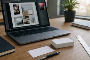 Meja kerja dengan laptop menampilkan desain kartu nama dan beberapa kartu nama polos di atas meja