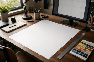 Meja kerja dengan mockup poster kosong, penggaris, dan kartu contoh warna untuk persiapan file desain cetak