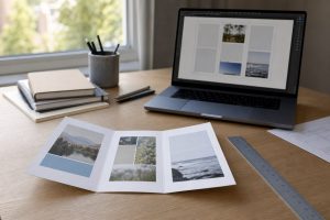 Meja kerja desainer dengan contoh lipatan brosur dan laptop menampilkan tata letak desain