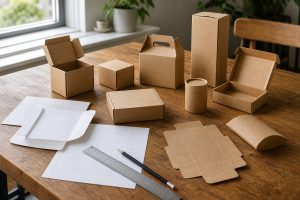 Beberapa kotak kemasan cetak polos tanpa merek di atas meja kayu dengan alat ukur, menggambarkan proses perencanaan tata letak kemasan
