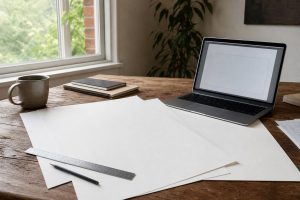 Meja kerja dengan kertas poster kosong, penggaris, dan laptop untuk menyiapkan desain poster sebelum dicetak
