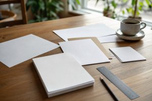 Beberapa lembar flyer kosong di atas meja kayu dengan penggaris dan pensil di dekatnya