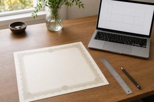 Meja kerja dengan kertas sertifikat kosong, penggaris, dan laptop untuk menyiapkan desain sertifikat