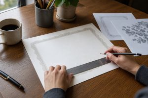 Seseorang memeriksa tata letak desain sertifikat kosong di atas meja kerja dengan pencahayaan alami