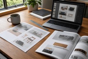 Meja kerja dengan lembaran katalog produk yang sedang diperiksa sebelum dicetak